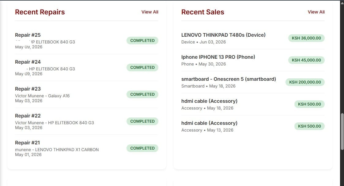 Vimark Tech Recent Repairs and Sales Activity Feed